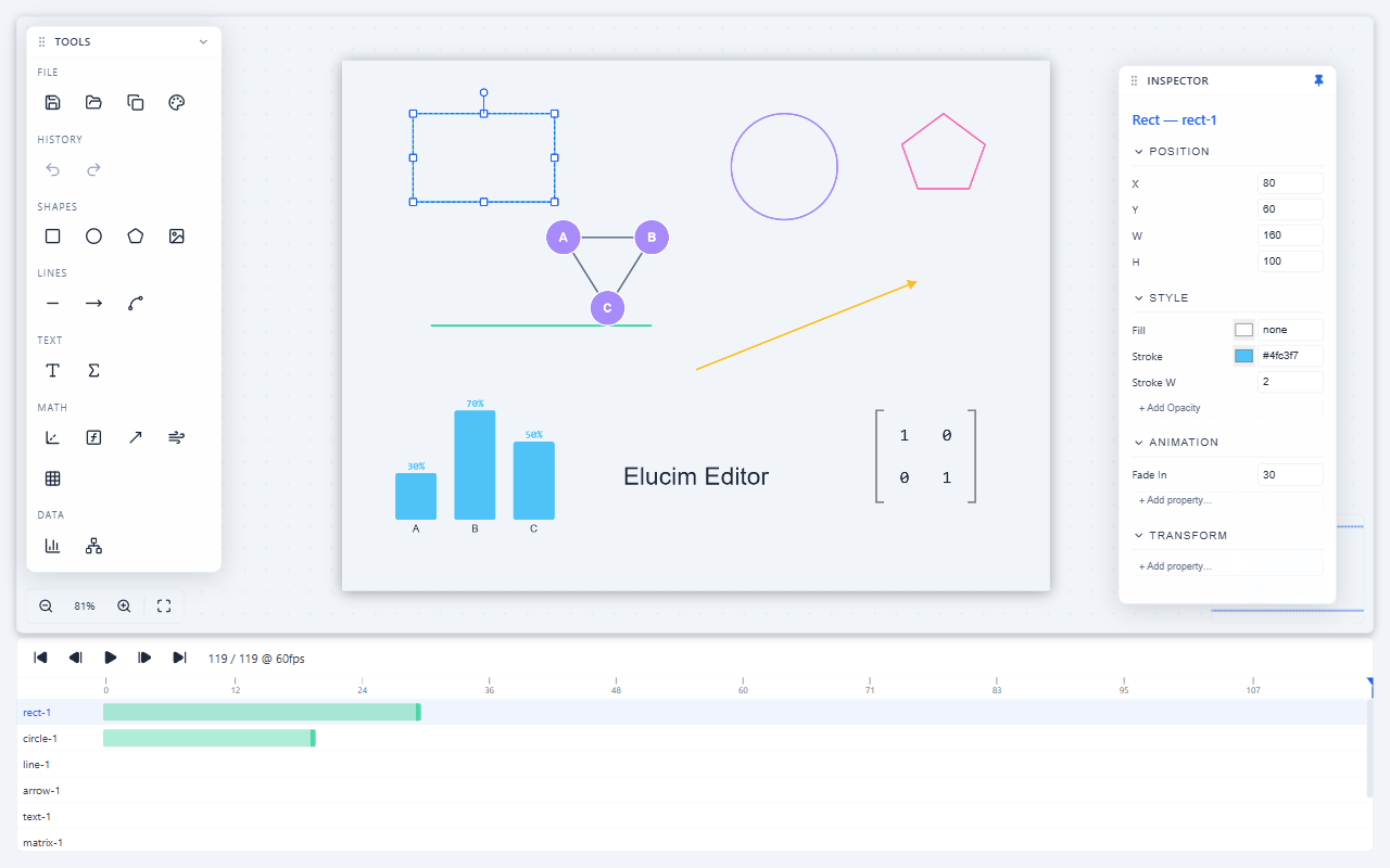 Element selected with resize handles and inspector panel (light mode)