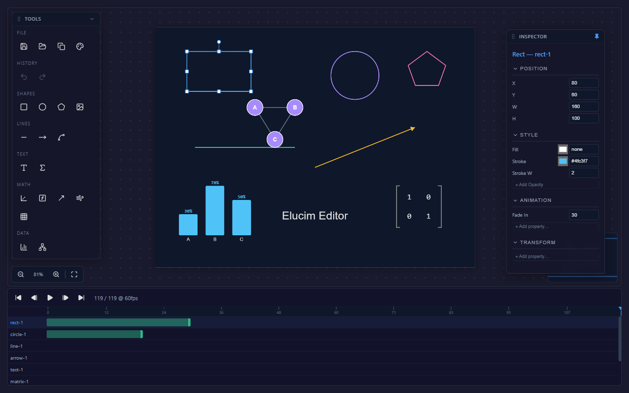 Element selected with resize handles and inspector panel